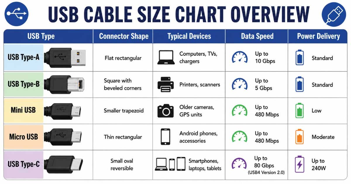 USB Cable Size Chart